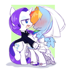 Size: 374x398 | Tagged: safe, artist:raridashdoodles, rainbow dash, rarity, pegasus, pony, unicorn, bedroom eyes, bipedal, blushing, clothes, cute, dress, embarrassed, female, hidden eyes, lesbian, marriage, open mouth, rainbow dash always dresses in style, raised leg, raridash, role reversal, shipping, smiling, socks, suit, tuxedo, wavy mouth, wedding, wedding dress