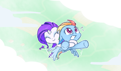 Size: 912x535 | Tagged: safe, artist:raridashdoodles, rainbow dash, rarity, pegasus, pony, unicorn, carrying, female, flying, lesbian, ponies riding ponies, raridash, shipping