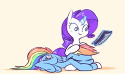 Size: 698x414 | Tagged: safe, artist:raridashdoodles, rainbow dash, rarity, pegasus, pony, unicorn, female, glowing horn, lesbian, levitation, magic, petting, raridash, reading, shipping, sleeping