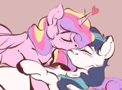 Size: 1621x1200 | Tagged: safe, artist:tohupo, princess cadance, shining armor, alicorn, pony, unicorn, eyes closed, female, heart, kissing, male, mare, shiningcadance, shipping, simple background, stallion, straight