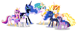 Size: 1636x656 | Tagged: safe, artist:watermelon changeling, derpibooru exclusive, daybreaker, nightmare moon, princess cadance, princess celestia, princess flurry heart, princess luna, twilight sparkle, twilight sparkle (alicorn), alicorn, pony, looking at you, ms paint, older, older flurry heart, simple background, white background