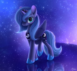 Size: 1300x1200 | Tagged: safe, artist:luminousdazzle, princess luna, alicorn, pony, female, looking at you, mare, s1 luna, solo, stars, younger