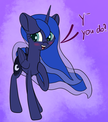 Size: 1100x1250 | Tagged: safe, artist:litrojia, princess luna, alicorn, pony, abstract background, blushing, colored pupils, cute, dialogue, female, looking at you, lunabetes, mare, missing accessory, open mouth, shy, smiling, solo