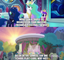 Size: 1640x1531 | Tagged: safe, edit, edited screencap, screencap, blues, cayenne, gallus, millie, neon lights, noteworthy, ocellus, princess cadance, princess celestia, princess luna, rising star, sandbar, silverstream, smolder, star bright, starlight glimmer, sunshower raindrops, twilight sparkle, twilight sparkle (alicorn), twinkleshine, yona, alicorn, changedling, changeling, dragon, earth pony, griffon, hippogriff, pony, yak, horse play, my little pony: the movie, caption, clothes, costume, discovery family logo, fake beard, fake horn, female, fridge logic, hypocrisy, image macro, logic, magic, male, meme, skewed priorities, star swirl the bearded costume, student six, sunrise, teenager