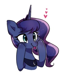 Size: 500x600 | Tagged: safe, artist:dilandau203, princess luna, alicorn, pony, :p, :t, blushing, bust, cheek squish, crown, cute, female, heart, jewelry, lunabetes, mare, regalia, silly, silly pony, simple background, smiling, solo, squishy cheeks, tongue out, white background