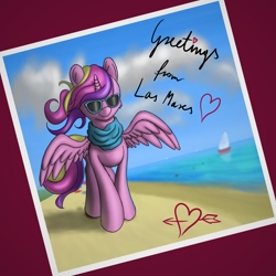 Size: 4934x4934 | Tagged: safe, artist:cluvry, princess cadance, alicorn, pony, absurd resolution, beach, female, mare, photo, smiling, solo, sunglasses, water