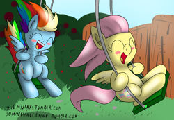 Size: 1028x711 | Tagged: safe, artist:ziemniax, fluttershy, rainbow dash, pegasus, pony, 30 minute art challenge, happy, swing