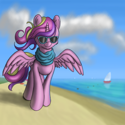 Size: 6000x6000 | Tagged: safe, artist:cluvry, princess cadance, alicorn, pony, absurd resolution, beach, female, mare, smiling, solo, sunglasses, water