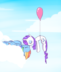 Size: 807x951 | Tagged: safe, artist:raridashdoodles, rainbow dash, rarity, pegasus, pony, unicorn, balloon, blushing, cloud, cloudy, cute, eyes closed, female, floating, heart, kissing, lesbian, mare, on back, raridash, shipping, weapons-grade cute