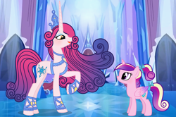 Size: 4195x2785 | Tagged: safe, artist:velveagicsentryyt, princess amore, princess cadance, alicorn, pony, unicorn, base used, bow, colored wings, duo, female, filly, filly cadance, gradient mane, gradient wings, hair bow, high res, mare, raised hoof, tail bow, younger