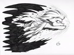 Size: 2150x1606 | Tagged: safe, artist:nekotigerfire, derpibooru import, rainbow dash, pegasus, pony, flying, inktober, monochrome, solo, sonic rainboom, traditional art