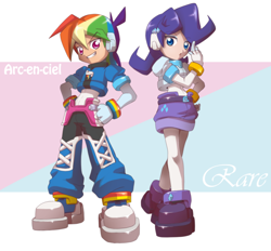 Size: 1600x1483 | Tagged: safe, artist:thegreatrouge, derpibooru import, rainbow dash, rarity, human, aile, bracelet, crossover, equestria girls outfit, humanized, megaman, megaman zx, vent, wristband