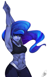 Size: 627x1000 | Tagged: safe, artist:xxmarkingxx, princess luna, human, abs, armpits, black sweatpants, clothes, female, humanized, midriff, muscles, pants, pony coloring, princess muscle moona, smiling, solo, sports bra, sweatpants, workout