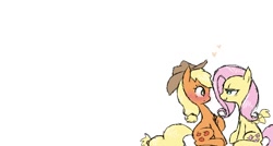 Size: 700x376 | Tagged: safe, artist:raridashdoodles, applejack, fluttershy, earth pony, pegasus, pony, appleshy, bedroom eyes, blushing, female, heart, lesbian, shipping