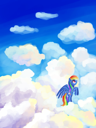 Size: 1200x1600 | Tagged: safe, artist:fahu, rainbow dash, pegasus, pony, cloud, cloudy, female, looking up, mare, rearing, sky, solo, spread wings, wings