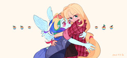 Size: 1280x587 | Tagged: safe, artist:dusty-munji, applejack, rainbow dash, human, apple, appledash, blushing, female, food, hug, humanized, lesbian, pony coloring, shipping, smiling, winged humanization, zap apple