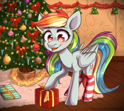 Size: 1760x1577 | Tagged: safe, artist:fensu-san, rainbow dash, pegasus, pony, backwards cutie mark, christmas, christmas tree, clothes, present, socks, solo, striped socks, tree