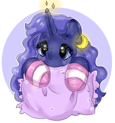 Size: 764x820 | Tagged: safe, artist:rozenhain, princess luna, alicorn, pony, clothes, cute, lunabetes, moon, pillow, sleepy, socks, solo, starry eyes, striped socks, wingding eyes