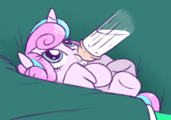 Size: 680x476 | Tagged: safe, artist:raridashdoodles, princess flurry heart, alicorn, pony, spoiler:s06, baby bottle, cute, female, food, looking up, milk, milk bottle, on back, puffy cheeks, solo, underhoof