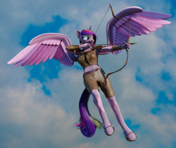 Size: 2560x2160 | Tagged: safe, artist:stellarator, princess cadance, alicorn, anthro, unguligrade anthro, 3d, archery, armor, armpits, arrow, belly button, blender, bow (weapon), bow and arrow, cycles, female, flying, high res, hoof sandals, hooves, horn, leather, leather armor, mare, midriff, not sfm, sandals, smiling, smirk, solo, weapon, wings