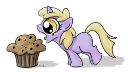 Size: 1920x1080 | Tagged: safe, artist:giantmosquito, dinky hooves, food, muffin, open mouth, solo