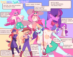 Size: 1280x996 | Tagged: safe, artist:dusty-munji, applejack, fluttershy, pinkie pie, rainbow dash, rarity, sunset shimmer, twilight sparkle, equestria girls, dialogue, humane five, humane seven, humane six, mane six, pokémon, pony coloring