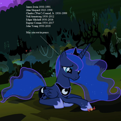 Size: 720x720 | Tagged: safe, edit, edited screencap, screencap, princess luna, alicorn, pony, luna eclipsed, alan shepard, cropped, edgar mitchell, eugene cernan, implied human, in memoriam, james irwin, john young, neil armstrong, obligatory pony, pete conrad, sad