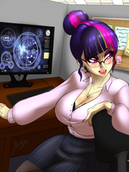 Size: 1200x1600 | Tagged: safe, artist:fatcakes, sci-twi, twilight sparkle, human, big breasts, bra, breasts, business suit, businessmare, cleavage, clothes, computer, female, fishnet stockings, glasses, headlight sparkle, humanized, nail polish, office, pantyhose, shirt, skirt, solo, stockings, underwear, windows, windows 7