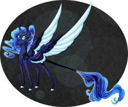 Size: 2400x2010 | Tagged: safe, artist:australian-senior, princess luna, alicorn, pony, abstract background, alternate universe, colored hooves, colored wings, goddess, kirindos, leonine tail, realistic horse legs, solo