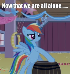 Size: 826x873 | Tagged: safe, edit, edited screencap, screencap, rainbow dash, pegasus, pony, barn, barrel, bronybait, caption, female, hooves, image macro, meme, solo