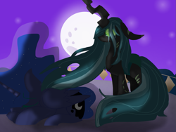 Size: 1369x1031 | Tagged: safe, artist:peanutthechub, princess luna, queen chrysalis, alicorn, changeling, changeling queen, pony, chrysaluna, female, lesbian, moon, night, prone, shipping