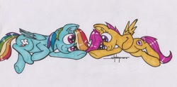 Size: 1024x509 | Tagged: safe, artist:shikogo, derpibooru import, rainbow dash, scootaloo, pegasus, pony, duo, female, looking at each other, lying, on side, scootalove, smiling, spread wings, traditional art, wings