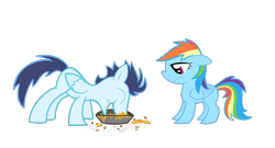 Size: 1108x600 | Tagged: safe, artist:rebron-y, artist:thunderelemental, rainbow dash, soarin', pegasus, pony, eating, female, male, messy eating, pie, shipping, simple background, soarindash, straight, that pony sure does love pies, transparent background, upset, vector