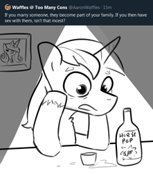 Size: 2250x2550 | Tagged: safe, artist:tjpones, princess cadance, shining armor, alicorn, pony, unicorn, amazing horse, despair, female, grayscale, horse pop, male, mare, meta, monochrome, overthinking it, sad, shining armor is a goddamn moron, stallion, twitter