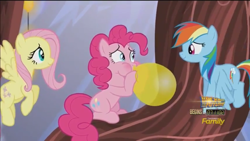 Size: 960x540 | Tagged: safe, derpibooru import, screencap, fluttershy, pinkie pie, rainbow dash, earth pony, pegasus, pony, the one where pinkie pie knows, balloon, blowing, blowing up balloons, discovery family logo, flying, golden oaks chandelier, hyperventilating, inflating, puffy cheeks, red face, smiling