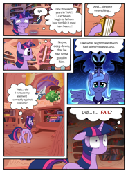 Size: 850x1150 | Tagged: safe, artist:leffenkitty, nightmare moon, princess luna, twilight sparkle, alicorn, pony, comic:prospect of tranquility, book, comic, golden oaks library