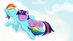 Size: 1366x768 | Tagged: safe, artist:simeonleonard, rainbow dash, twilight sparkle, twilight sparkle (alicorn), alicorn, pegasus, pony, belly button, cloud, cuddling, female, mare, shipping, sky, sleeping, snuggling, twidash