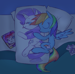 Size: 935x916 | Tagged: safe, artist:raridashdoodles, rainbow dash, rarity, pegasus, pony, unicorn, bed, body pillow, cute, dashabetes, eyes closed, female, lesbian, raridash, shipping, sleeping, smiling, solo, tongue out