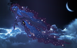 Size: 2560x1600 | Tagged: dead source, safe, artist:nemesis360, artist:nightbronies, edit, princess luna, alicorn, pony, beautiful, cloud, crescent moon, ethereal mane, female, flying, mare, moon, night, profile, solo, starry mane, starry night, stars, vector, wallpaper, wallpaper edit