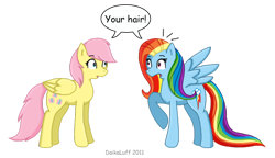 Size: 900x517 | Tagged: safe, artist:daikaluff, derpibooru import, fluttershy, rainbow dash, pegasus, pony, alternate hairstyle, backwards cutie mark, care mare, mane swap, shocked, wingboner