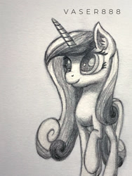 Size: 600x800 | Tagged: safe, artist:vaser888, princess cadance, alicorn, pony, ear fluff, female, mare, monochrome, raised hoof, smiling, solo, traditional art