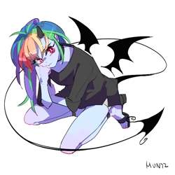 Size: 708x708 | Tagged: safe, artist:dusty-munji, rainbow dash, equestria girls, bat wings, horns, solo