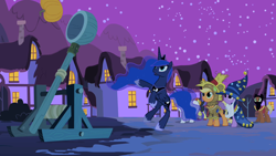 Size: 1280x720 | Tagged: safe, screencap, applejack, princess luna, twilight sparkle, alicorn, earth pony, pony, unicorn, luna eclipsed, catapult, clothes, costume, cutie mark, element of honesty, element of magic, house, jewelry, jumping, mask, night, pumpkin, regalia, star swirl the bearded costume, stars