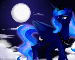 Size: 1250x1001 | Tagged: safe, artist:clefficia, princess luna, alicorn, pony, cloud, female, full moon, looking back, moon, night, solo