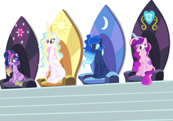 Size: 3232x2256 | Tagged: safe, artist:thesmall-artist, princess cadance, princess celestia, princess luna, twilight sparkle, twilight sparkle (alicorn), alicorn, pony, alicorn tetrarchy, alternate design, alternate universe, base used, female, glowing horn, gradient mane, high res, mare, simple background, throne, transparent background