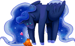 Size: 386x237 | Tagged: safe, artist:longmuzzlepony, princess luna, alicorn, frog, pony, blushing, heart, pixel art