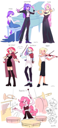 Size: 1280x2811 | Tagged: safe, artist:dusty-munji, applejack, fluttershy, pinkie pie, rainbow dash, rarity, sci-twi, sunset shimmer, twilight sparkle, equestria girls, clothes, conductor, dress, drums, flute, mane six, musical instrument, orchestra, piano, pony coloring, simple background, suit, viola, violin