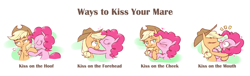 Size: 1762x533 | Tagged: safe, artist:raridashdoodles, applejack, pinkie pie, earth pony, pony, applejack's hat, applepie, blushing, breath, comic, cowboy hat, cute, eyes closed, female, hat, heart, kissing, lesbian, mare, raised eyebrow, shipping, smiling, stetson, surprise kiss, surprised, sweat, ways to kiss your mare