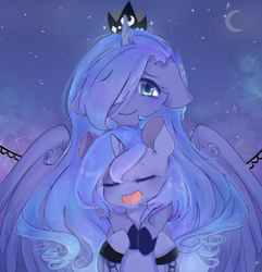 Size: 752x781 | Tagged: safe, artist:windymils, princess luna, alicorn, pony, crescent moon, cute, eyes closed, female, filly, floppy ears, lunabetes, moon, night, self ponidox, shackles, stars, woona, younger