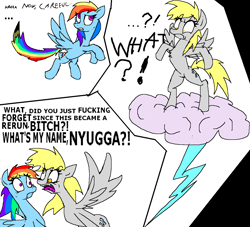 Size: 1152x1047 | Tagged: safe, artist:vinny van yiffy, derpy hooves, rainbow dash, pegasus, pony, comic, derpygate, female, mare, ms paint, the boondocks, vulgar